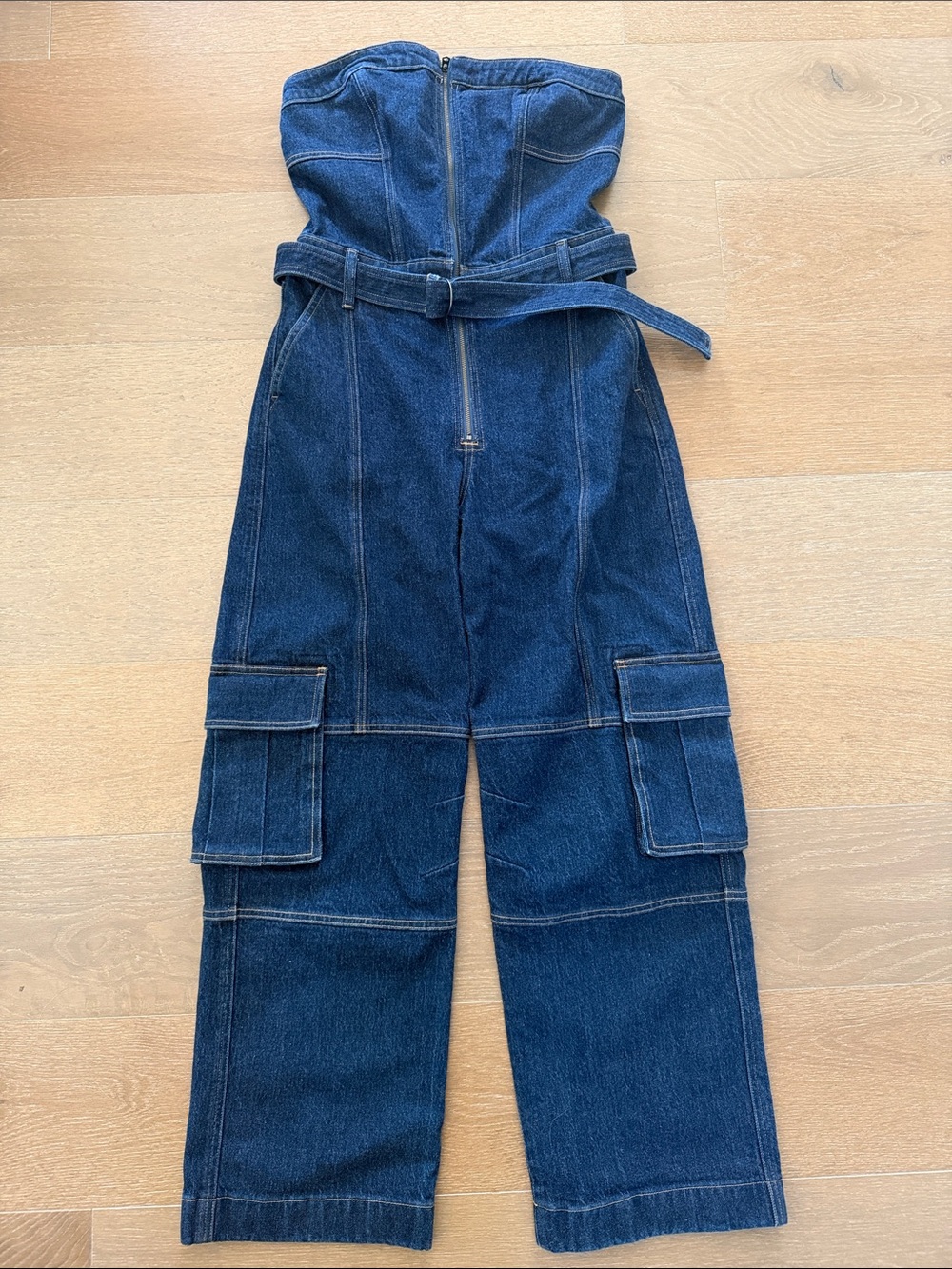Abercrombie & Fitch Dark Blue Strapless Denim Cargo Jumpsuit with Belt